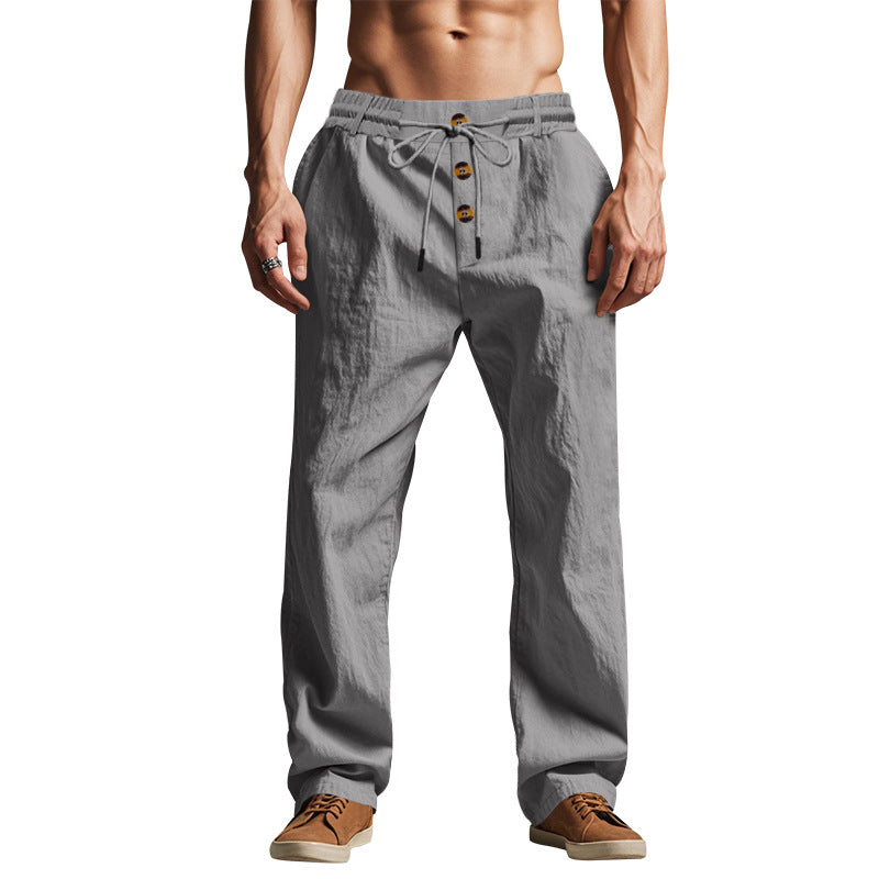 Men's relaxed pants in linen look with decorative button placket and drawstring waistband Mune Fashion