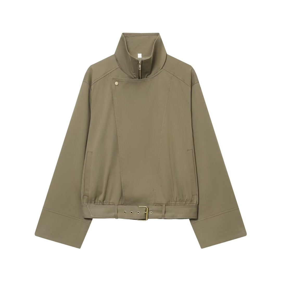 Women's short jacket with high stand-up collar, concealed zipper, and waist belt Mune Fashion