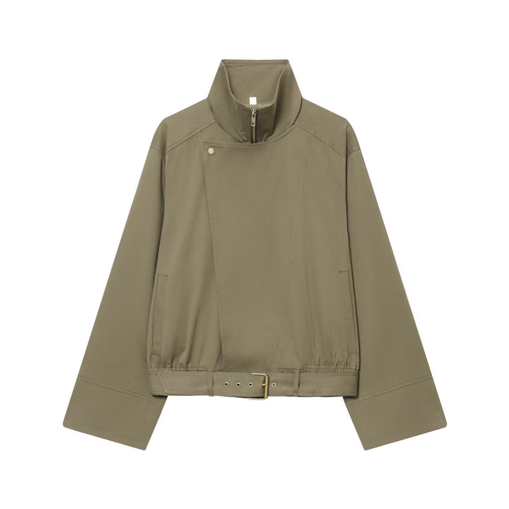Women's short jacket with high stand-up collar, concealed zipper, and waist belt Mune Fashion