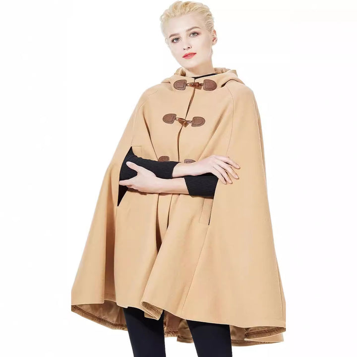 Women's Cape Coat with Hood and Toggle Closures Mune Fashion