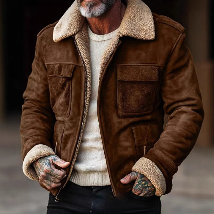 Men's nan aviator leather jacket with faux shearling lining, patch chest pockets and zip Mune Fashion