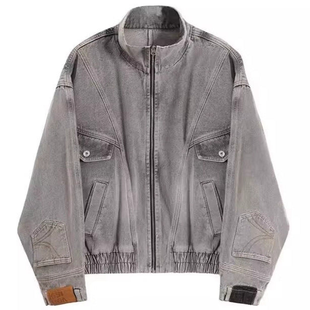 Women Oversized Denim Jacket with Stand-up Collar, Zipper and Elastic Hem Mune Fashion
