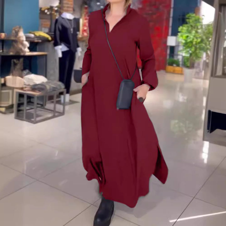 Women's Long Maxi Dress with Stand Collar, Side Pockets and Loose Fall Mune Fashion
