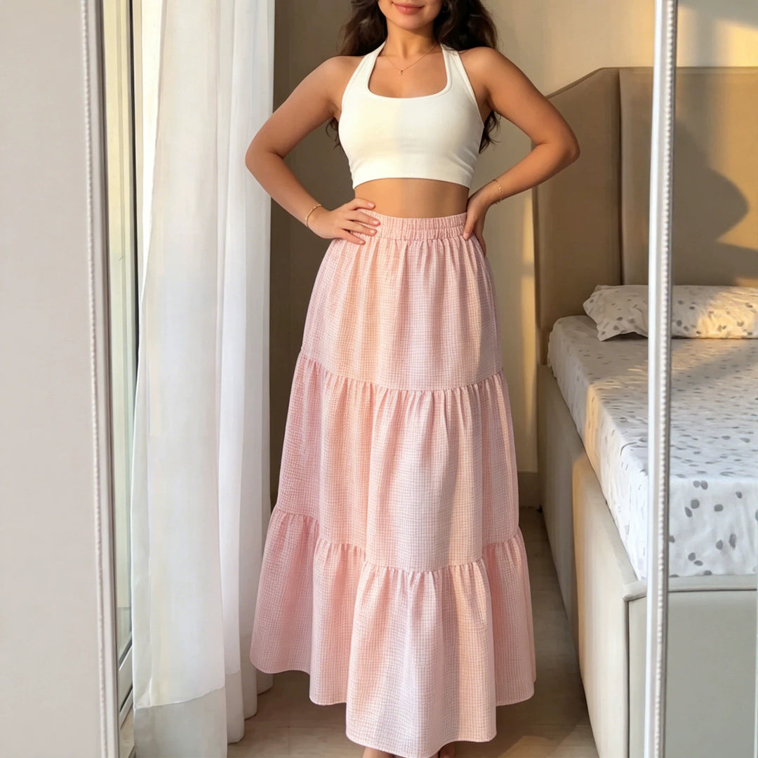 Ladies Pleated Maxi Skirt made of Cotton Gauze with Ruffled Waistband Mune Fashion