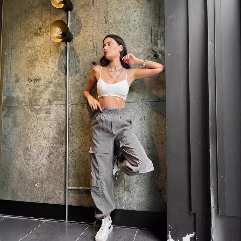 Women's cargo harem pants with high elastic waist and patch flap pockets Mune Fashion
