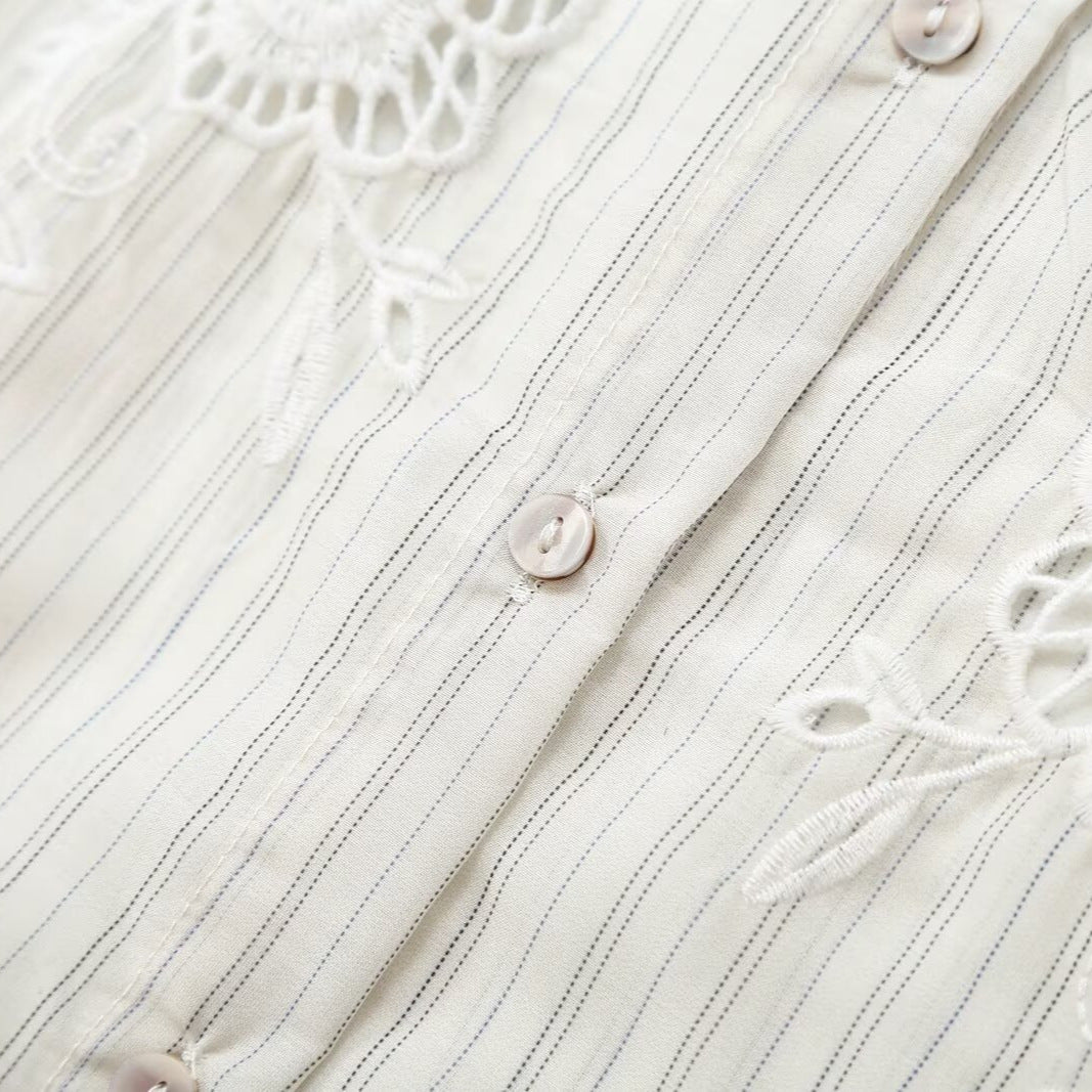 Women's Striped Blouse with Delicate Lace Embroidery and 3/4 Balloon Sleeves