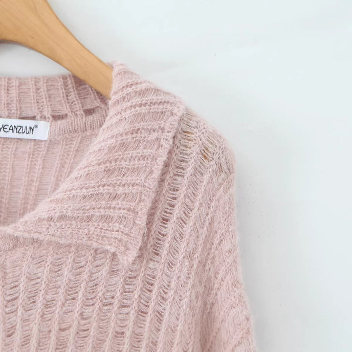 Women's chunky knitted oversized cardigan with shirt collar and button placket Mune Fashion