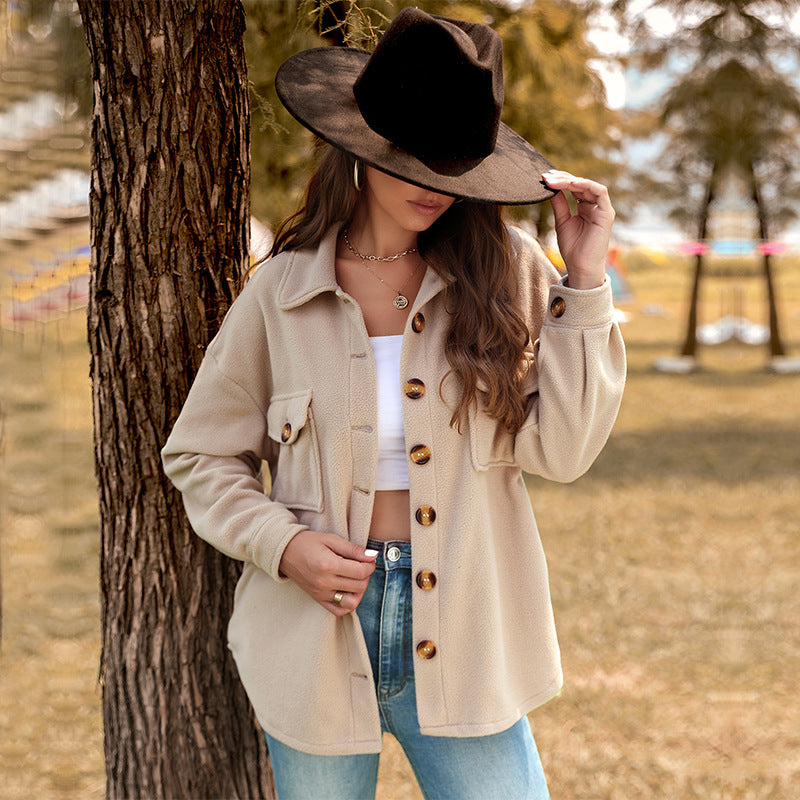 Women's Oversized Fleece Shirt Jacket with Patch Chest Pockets and Full Button Placket Mune Fashion