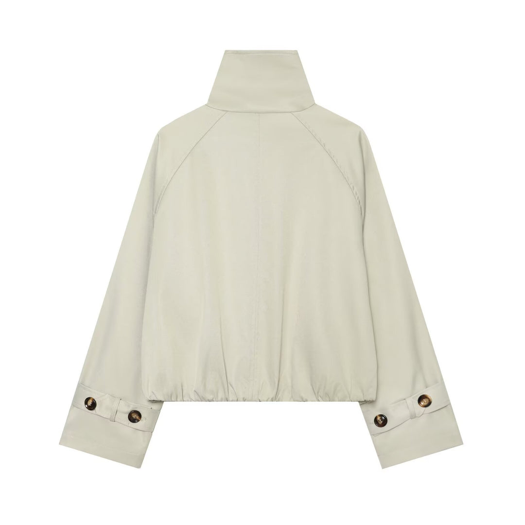 Women's Cropped Trench Cape with High Funnel Collar and Shoulder Straps Mune Fashion