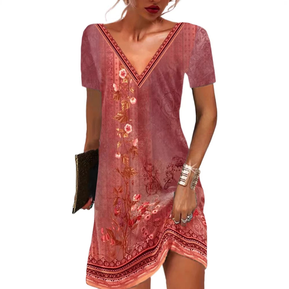 Women Floral V-Neck Tunic Dress with Border Print and Long Sleeves Mune Fashion