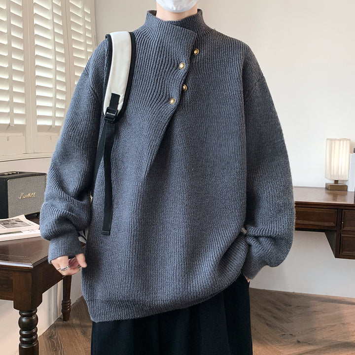 Men's Oversized Ribbed Sweater with Asymmetric Button Collar Mune Fashion