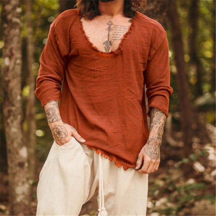 Men's Casual V-Neck Linen Shirt Mune Fashion