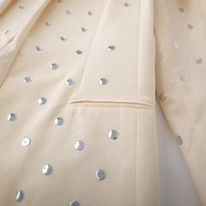 Women Longline Blazer with Sequin Embellishment in Polka Dot Optics Mune Fashion