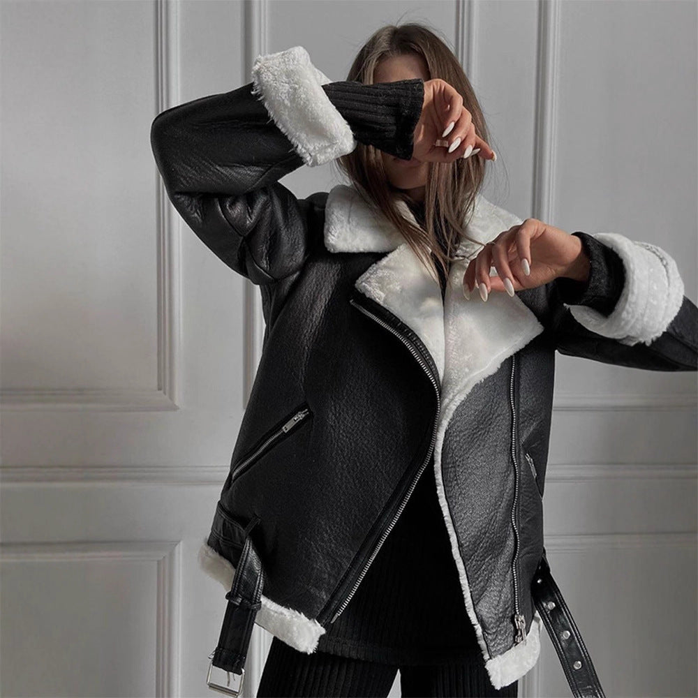 Women's Oversized Biker Jacket with Teddy Fur Lining and Adjustable Belts Mune Fashion