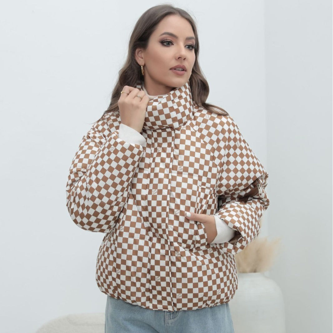 Women's Short Quilted Check Winter Jacket with Stand-Up Collar and Arm Pocket Mune Fashion