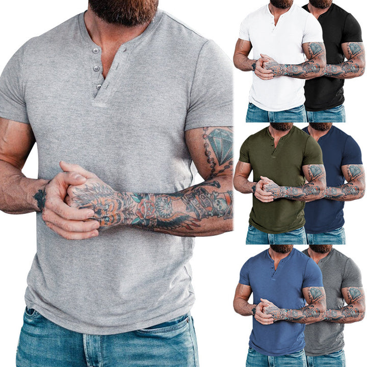 Men's muscle-fitting short-sleeve shirt with button placket and V-neck made of cotton stretch Mune Fashion