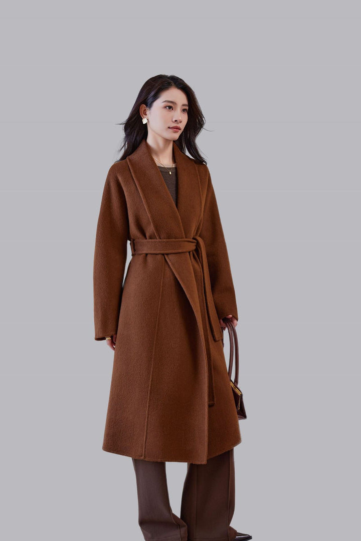 Ladies Mid-length Wrap Coat with Tied Belt and Shawl Collar Mune Fashion
