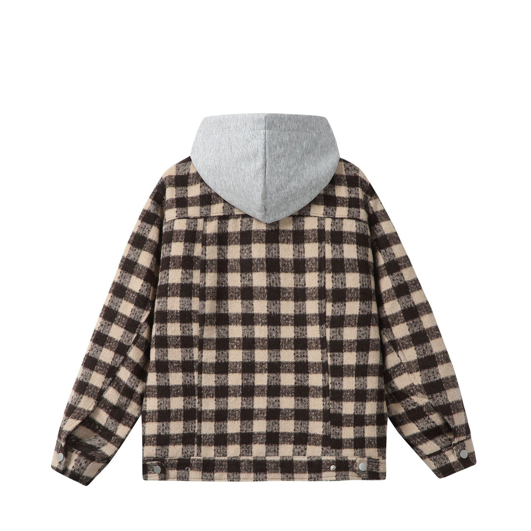 Women's short jacket in shacket style with checked wool look and integrated sweat hood Mune Fashion