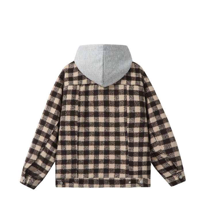 Women's short jacket in shacket style with checked wool look and integrated sweat hood Mune Fashion