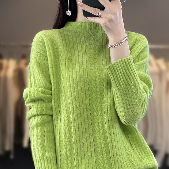 Women Cashmere-like Fine Knit Mock Neck Sweater with Lace Cable Pattern and Casual Oversized Fit Mune Fashion