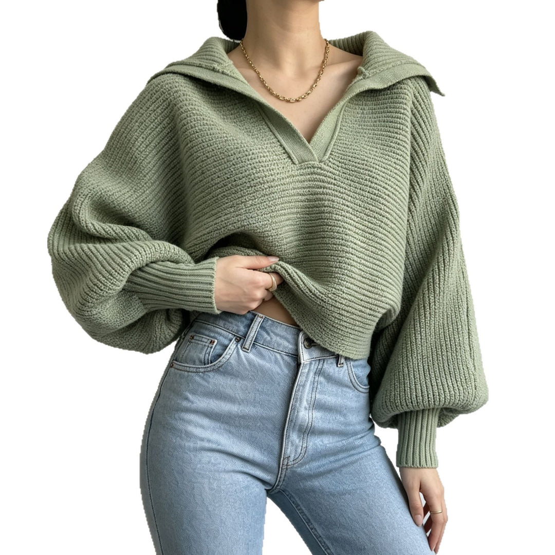 Women's Oversized Knit Sweater with Sailor Collar and Deep V-Neck Mune Fashion