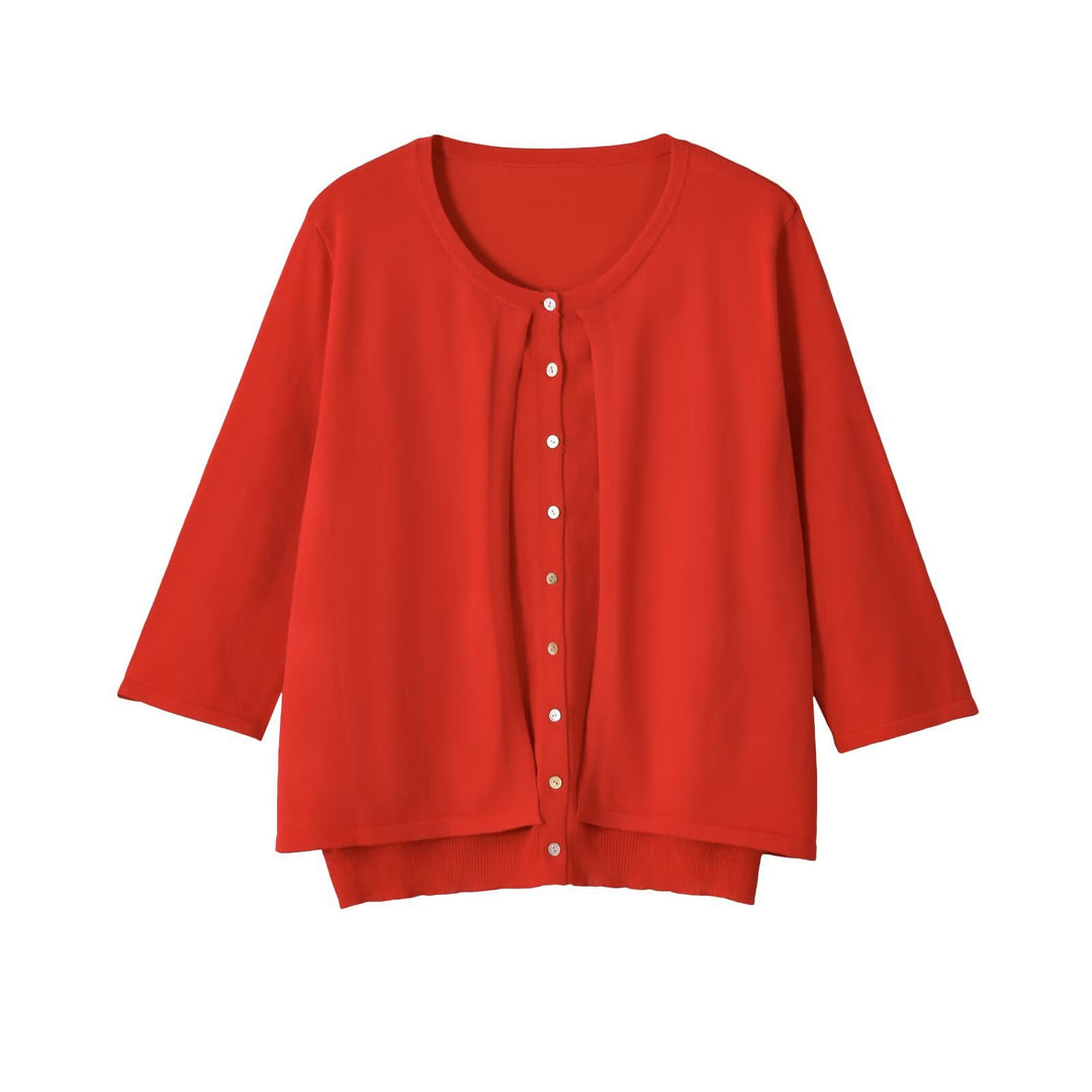 Women's Lightweight Cardigan Blouse with Round Neck, Three-Quarter Sleeves and Hidden Button Placket Mune Fashion
