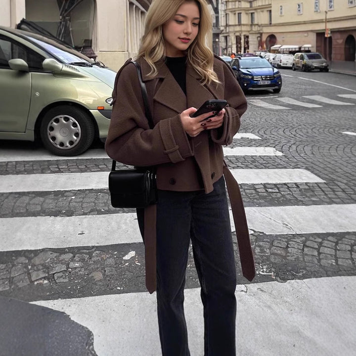 Women Short Wool Coat with Oversized Collar, Double-Breasted Button Placket and Tie Belt Mune Fashion