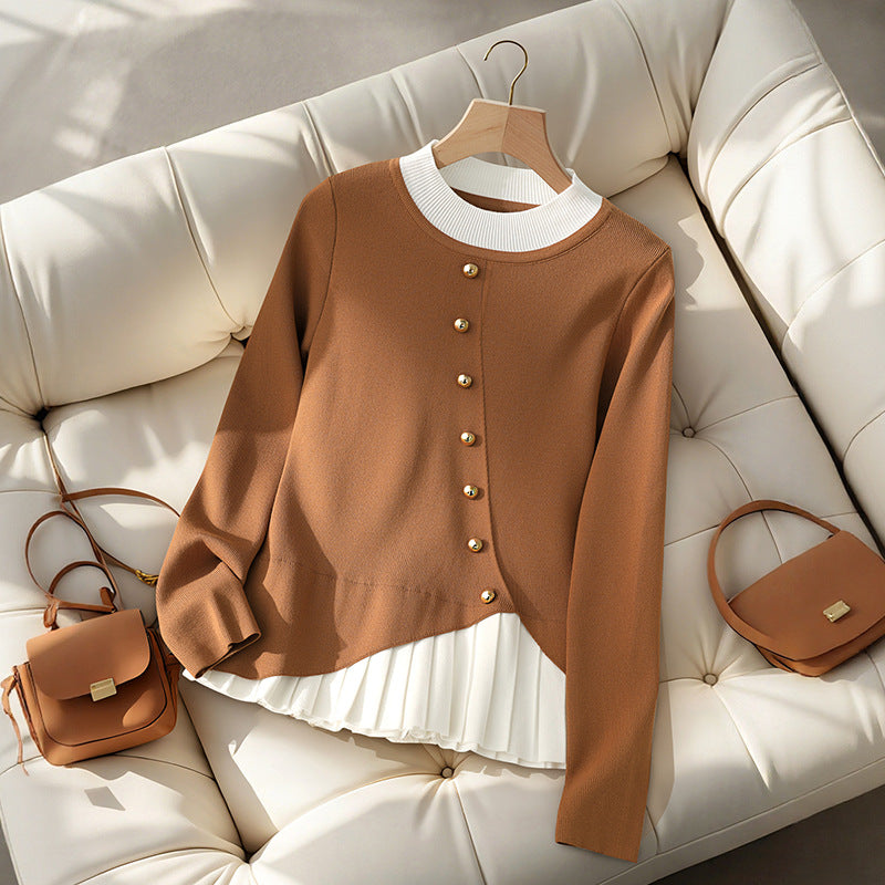Women's fitted knitted blouse with asymmetrical button placket and pleated insert Mune Fashion