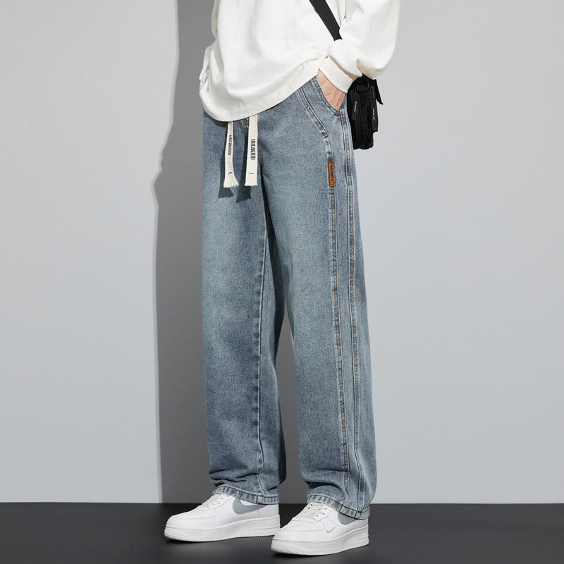 Men's Wide Denim Pants in Lounge Style with Drawstring Waist and Straight Leg Mune Fashion