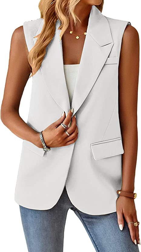 Women Sleeveless Longline Blazer Vest with Lapel Collar, Single Button and Patch Pockets Mune Fashion