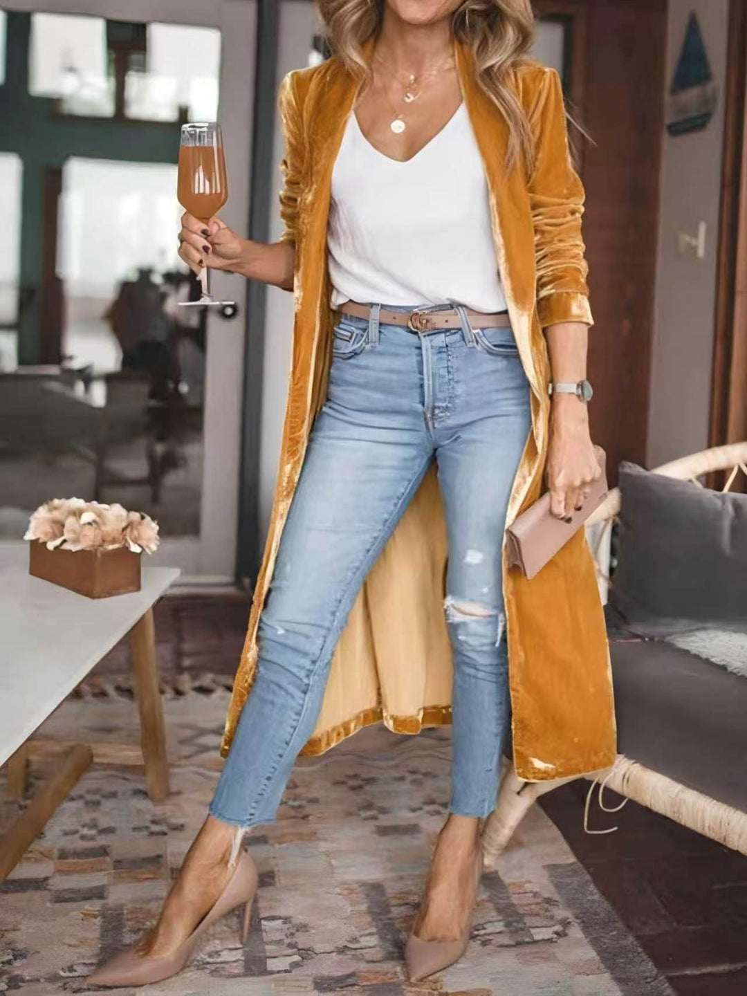 Women Elegant Velour Jacket with High Collar Mune Fashion