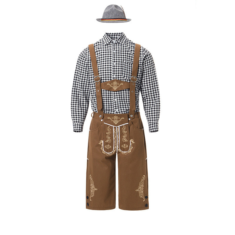 Men's traditional leather trousers with embroidered suspenders, checked traditional shirt, and felt hat Mune Fashion