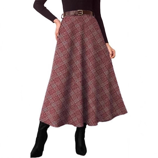 Women's Checked Midi Skirt in A-Line with High Waist and Side Pockets Drune