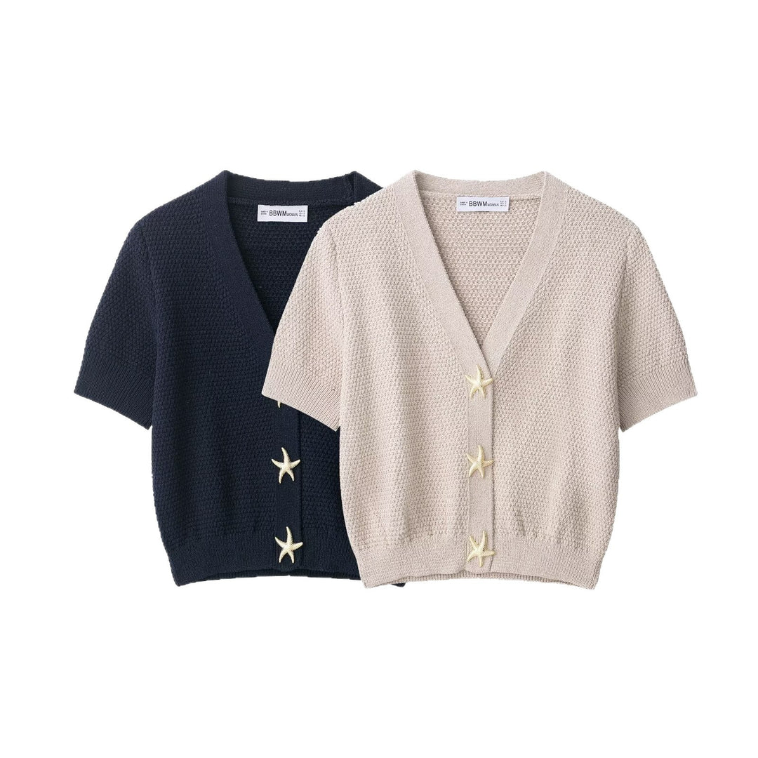 Women's Short-Sleeved Textured Knit Cardigan with V-Neck and Starfish Buttons Mune Fashion