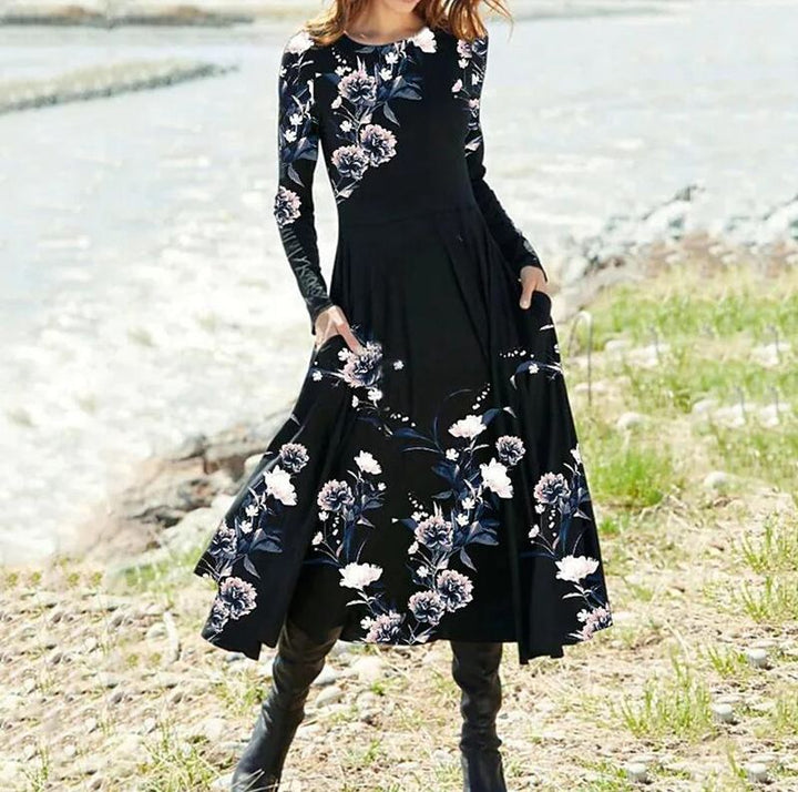 Women's Boho Maxi Dress with tailored empire waist, long sleeves, and side pockets Mune Fashion