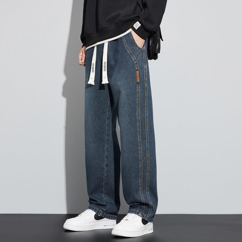Men's Wide Denim Pants in Lounge Style with Drawstring Waist and Straight Leg Mune Fashion