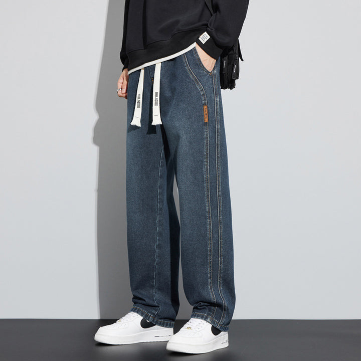 Men's Wide Denim Pants in Lounge Style with Drawstring Waist and Straight Leg Mune Fashion