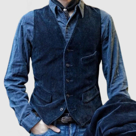 Men's cord waistcoat with V-neck, button placket, and piped patch pockets Mune Fashion
