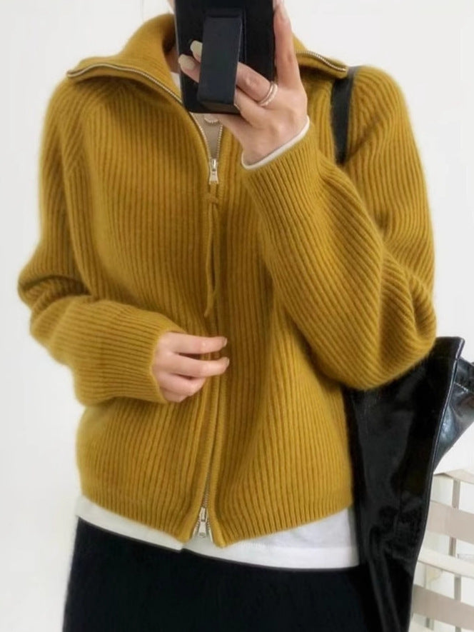 Women's Oversized Cardigan with Zipper, Stand-up Collar and Ribbed Structure Mune Fashion
