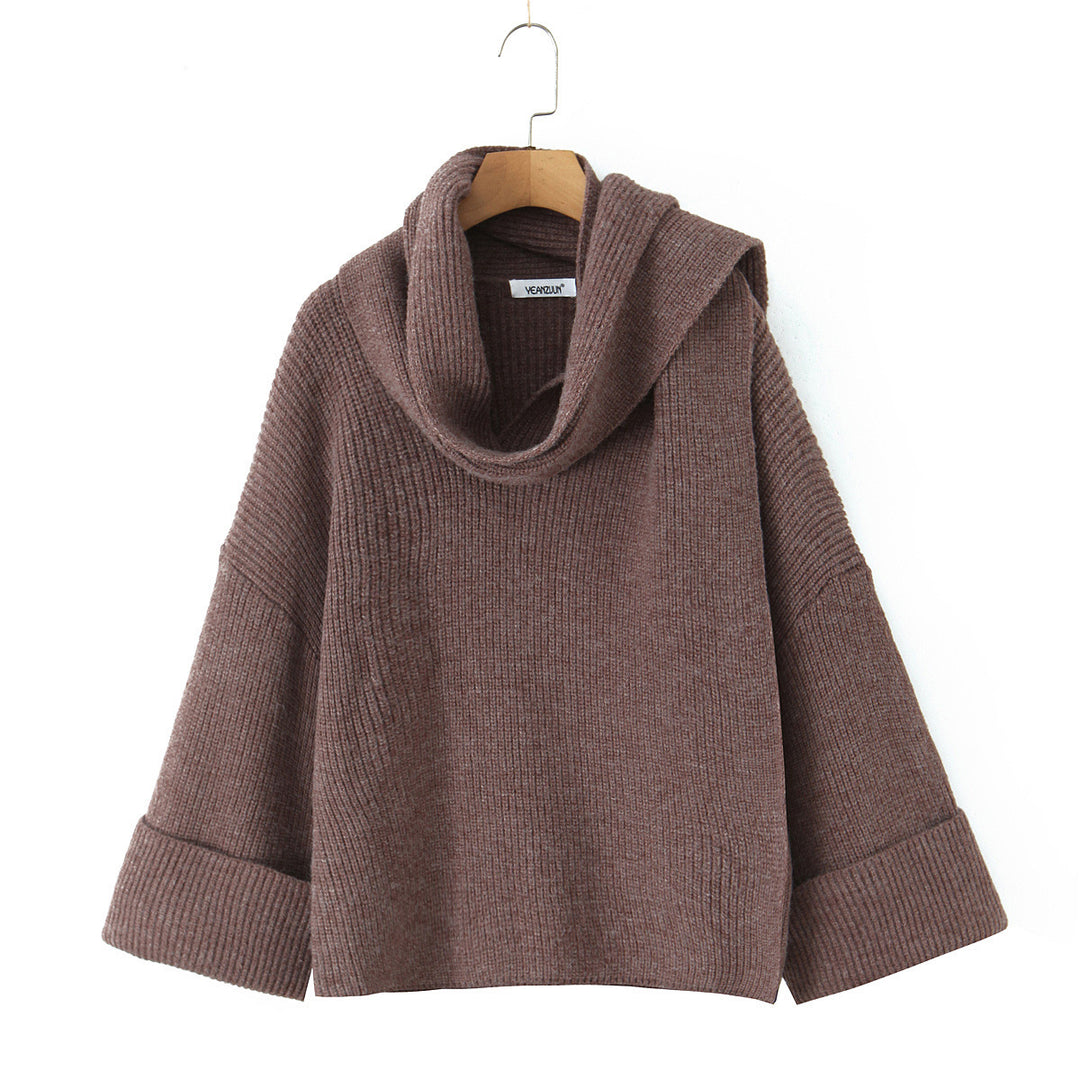 Women's Boxy-Cropped Chunky Knit Pullover with Voluminous Shawl Collar Mune Fashion