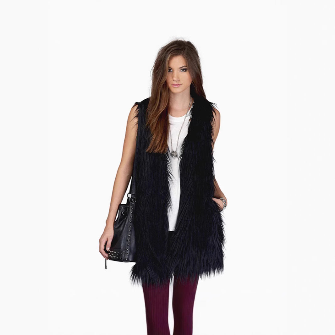 Ladies long sleeveless shaggy faux fur vest with concealing A-line and soft high-pile Mune Fashion
