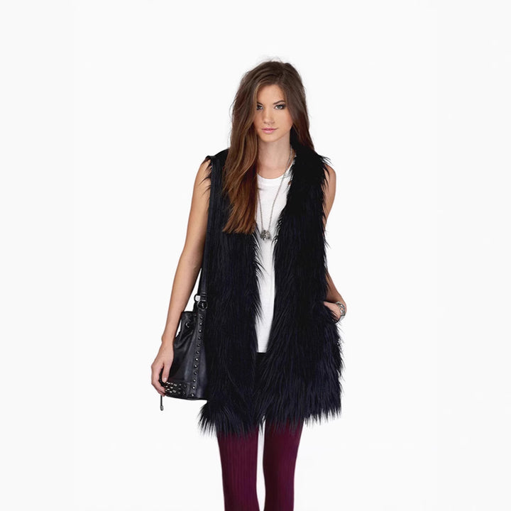 Ladies long sleeveless shaggy faux fur vest with concealing A-line and soft high-pile Mune Fashion