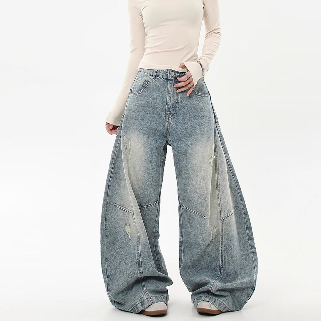 Women Wide-Cut Denim Pants with Tears Mune Fashion