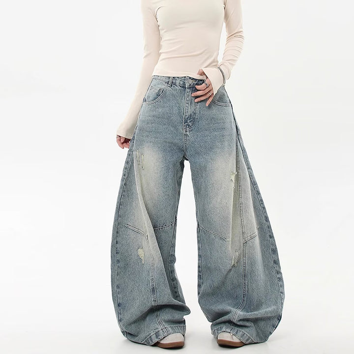 Women Wide-Cut Denim Pants with Tears Mune Fashion