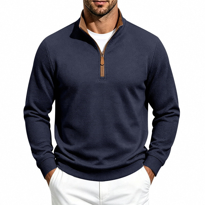 Men's waffle structure half-zip sweatshirt with stand collar, contrast lining, and leather zipper Mune Fashion