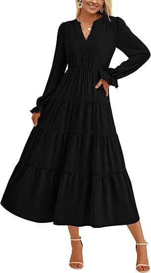Women's Tiered Midi Dress with V-Neck, Gathered Waist Seam and Ruffle Cuffs Mune Fashion