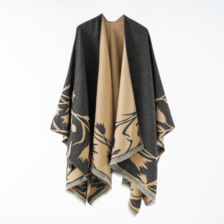 Ladies Elegant Reversible Ruana Wrap in Double-Faced Wool Blend with Floral Jacquard Design