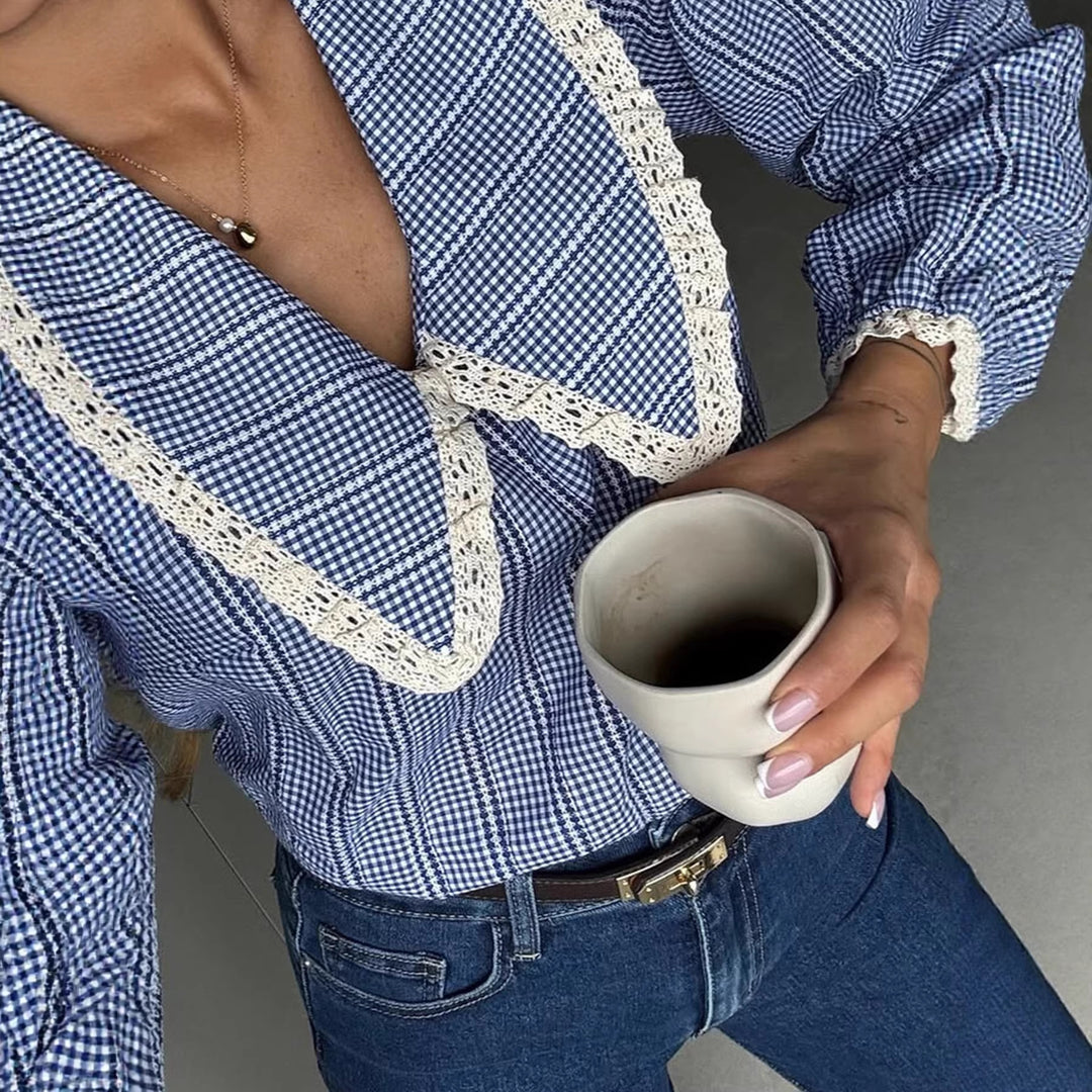 Women's Checked Blouse Shirt with Crochet Lace Trim and Balloon Sleeves Mune Fashion