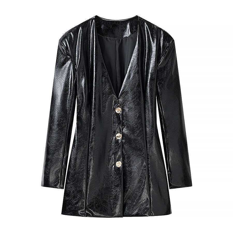 Ladies Long Patent Leather Blazer with Tailored Silhouette, Deep V-Neck and Decorative Buttons Mune Fashion