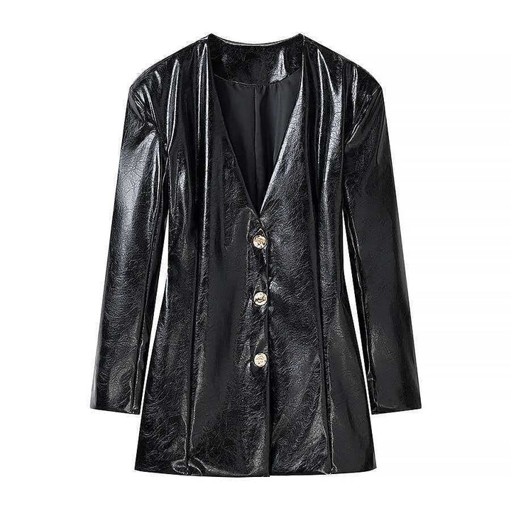 Ladies Long Patent Leather Blazer with Tailored Silhouette, Deep V-Neck and Decorative Buttons Mune Fashion